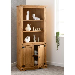 Corona 2 Door Display Unit / Bookcase in Distressed Waxed Pine