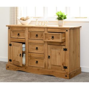 Corona 2 Door 5 Drawer Sideboard in Distressed Waxed Pine