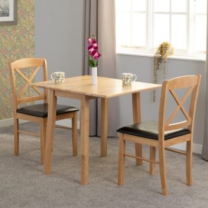 Mason Double Drop Leaf Dining Set in Oak Varnish/Brown Faux Leather